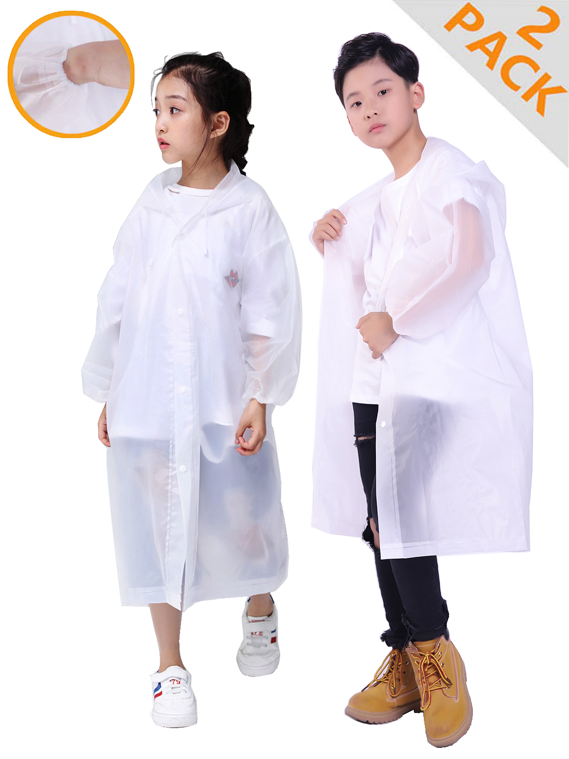 HLKZONE Rain Coats for Kids, [2 Pack] EVA Emergency Reusable Outwear Rain Coat Rain Poncho Jacket