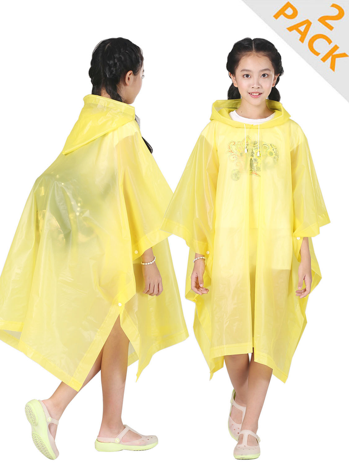 HLKZONE Rain Ponchos for Kids, [2 Pack] EVA Emergency Reusable Outwear Rain Coats Jacket with Drawstring Hood