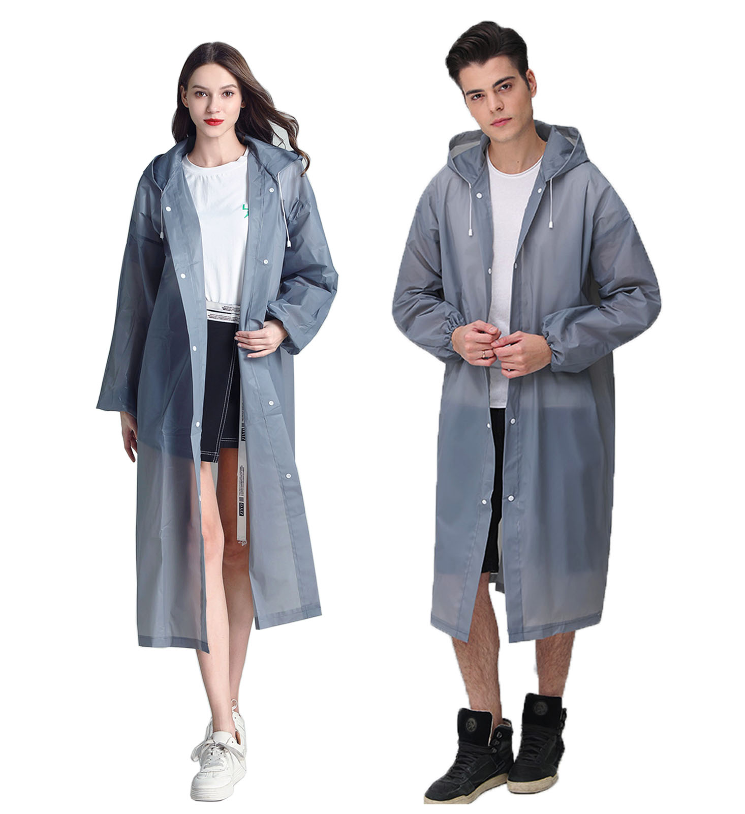 HLKZONE Raincoat, [2 Pack] Portable EVA Rain Coats Reusable Rain Poncho with Hood and Elastic Cuff Sleeves, Grey