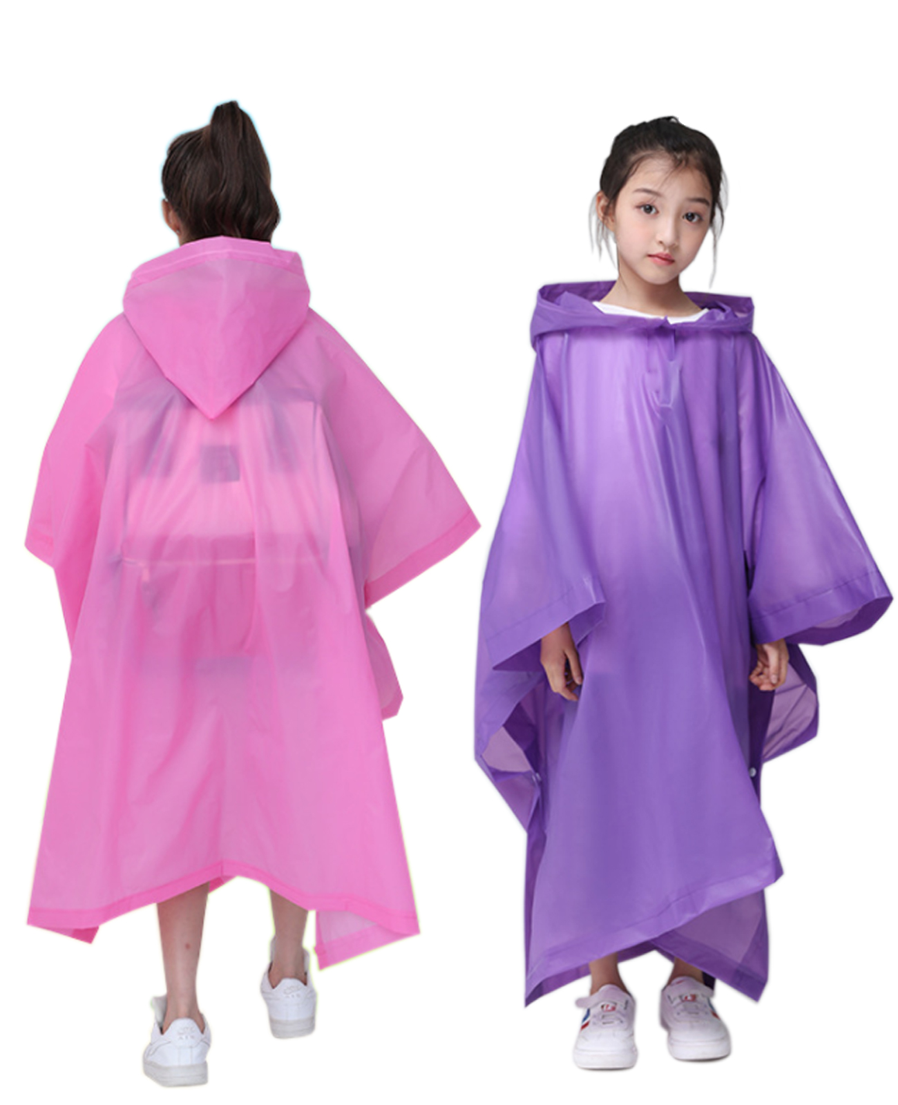 Makonus Rain Ponchos for Kids, [2 Pack] EVA Reusable Raincoat for Boys & Girls, Pink & Purple