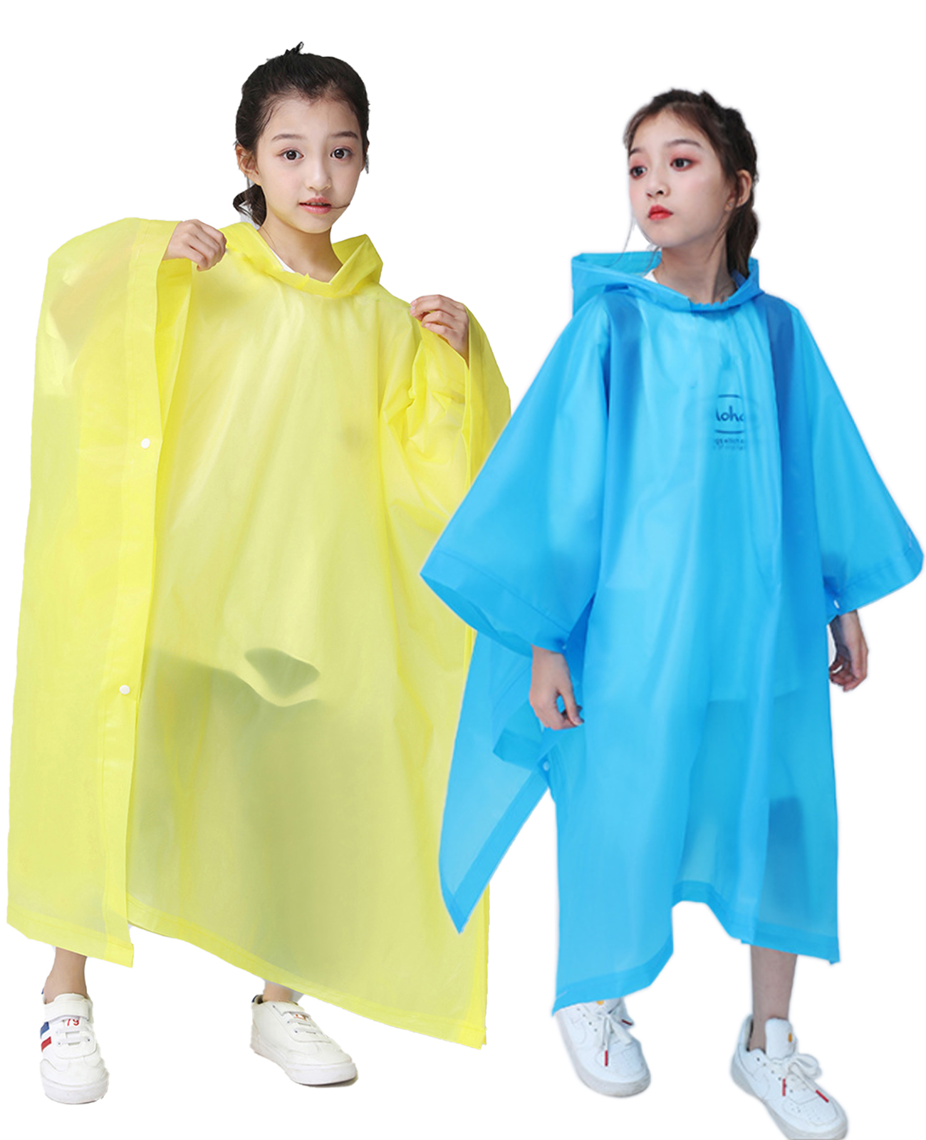 Makonus Rain Ponchos for Kids, [2 Pack] EVA Reusable Raincoat for Boys & Girls, Blue & Yellow