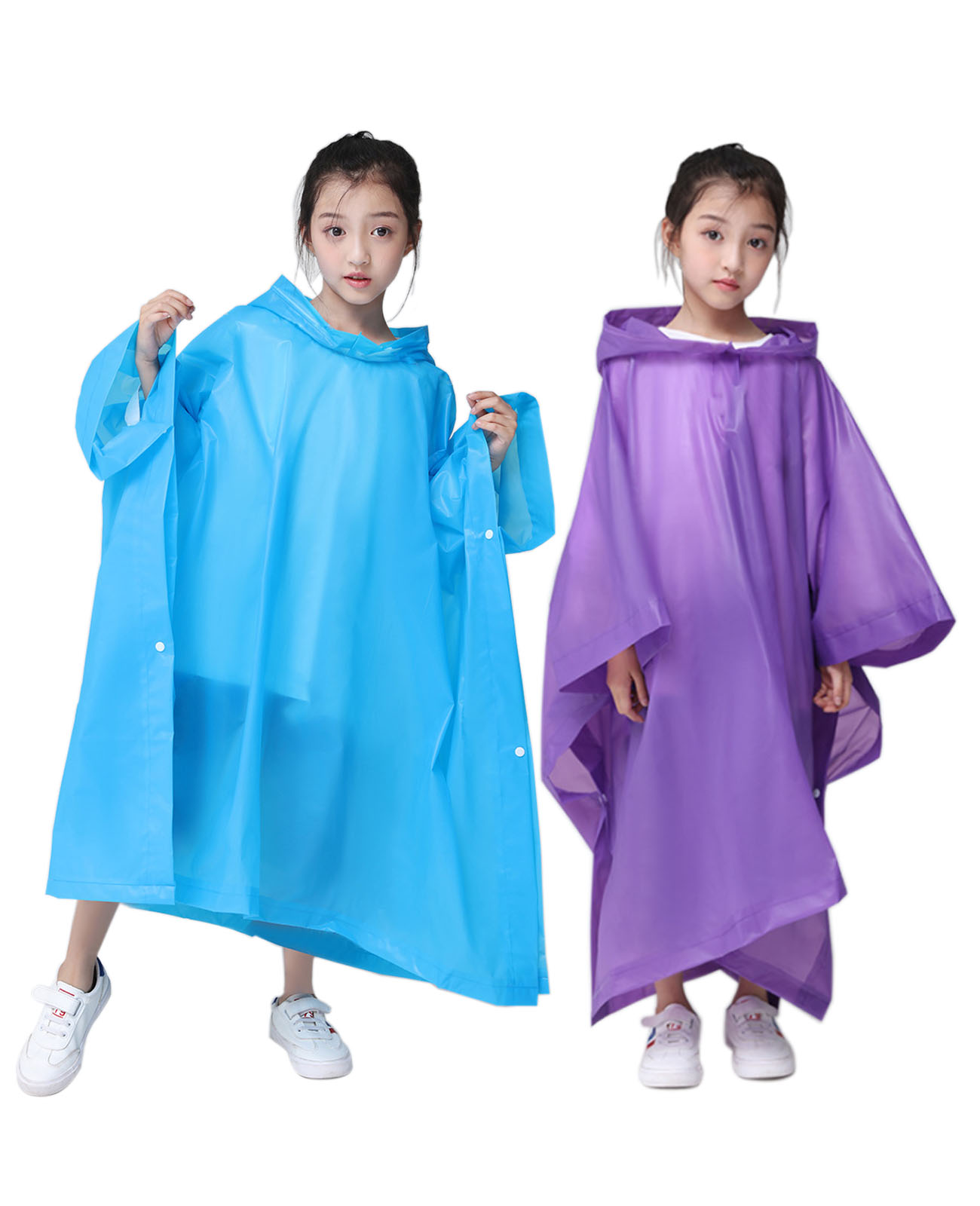 Makonus Rain Ponchos for Kids, [2 Pack] EVA Reusable Raincoat for Boys & Girls, Blue & Purple