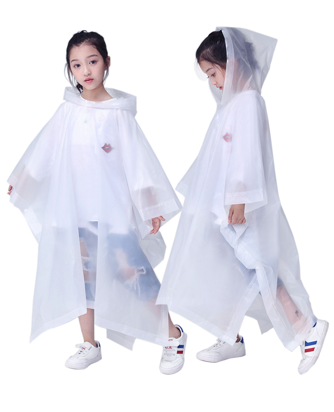Makonus Rain Ponchos for Kids, [2 Pack] EVA Reusable Raincoat for Boys & Girls, White & White