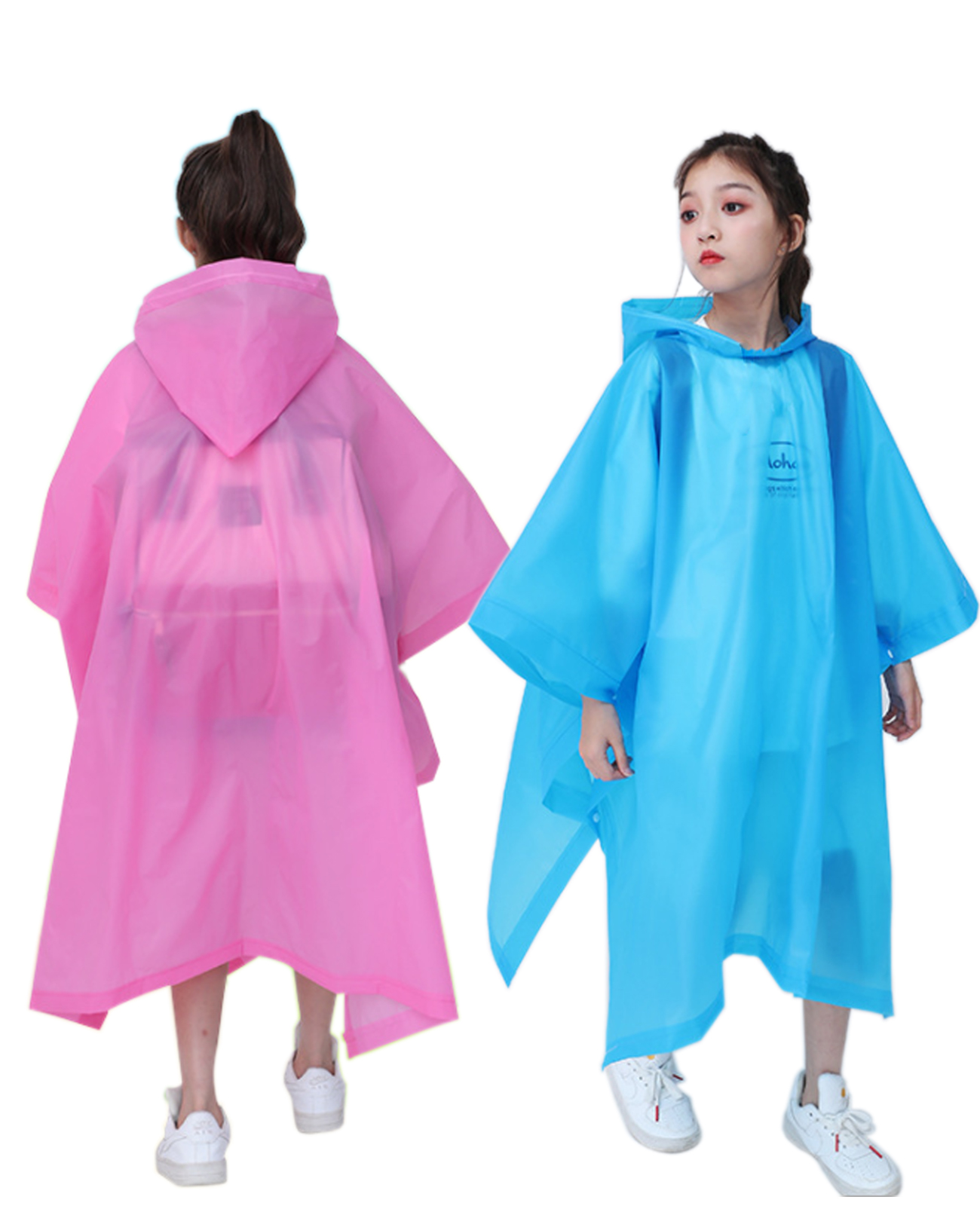 Makonus Rain Ponchos for Kids, [2 Pack] EVA Reusable Raincoat for Boys & Girls, Blue & Pink
