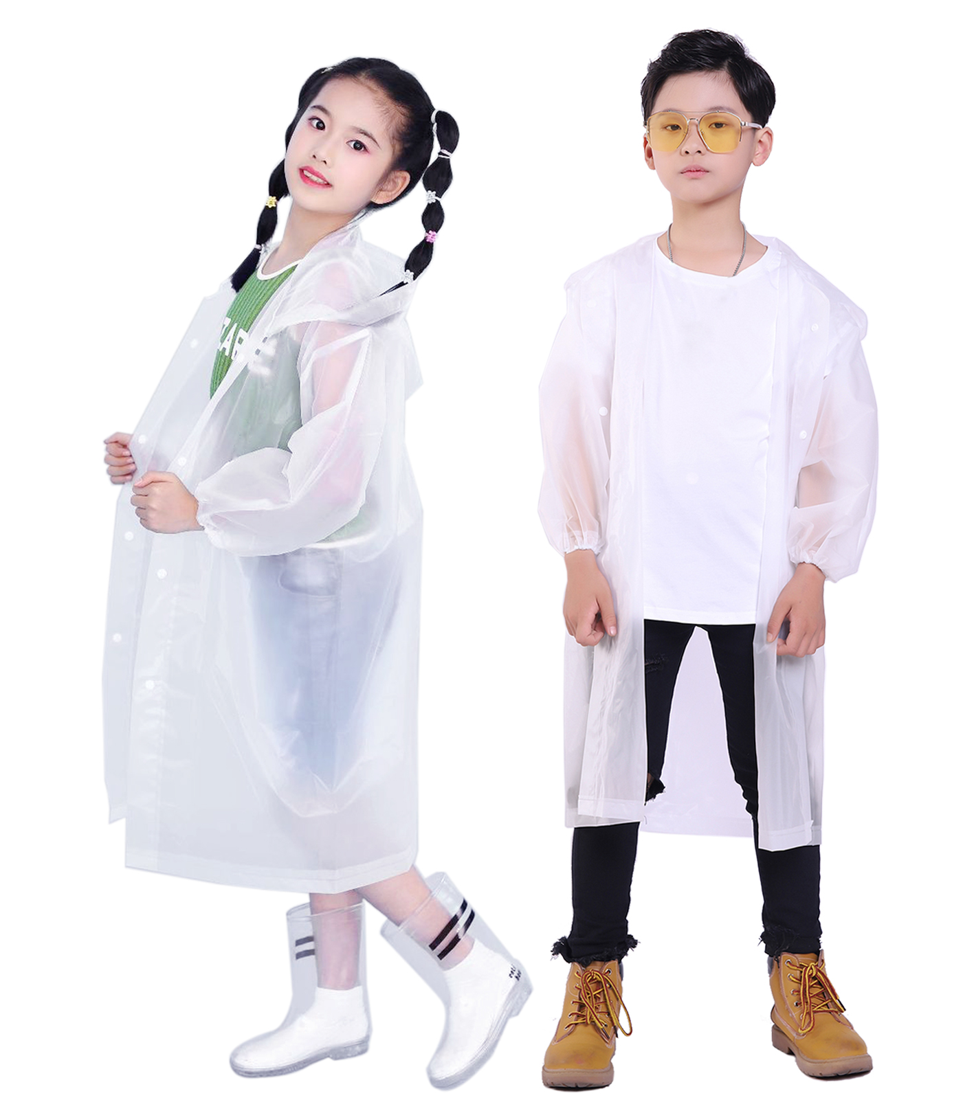 Kids Rain Jacket, 2 Pack Rain Ponchos for Kids with Hood and Sleeves Reusable Raincoats for Boys and Girls